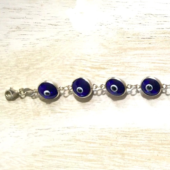 GENUINE STERLING SILVER 925 & DEEP DARK BLUE EVIL EYE PROTECTION BRACELET 7.5" - Picture 4 of 4